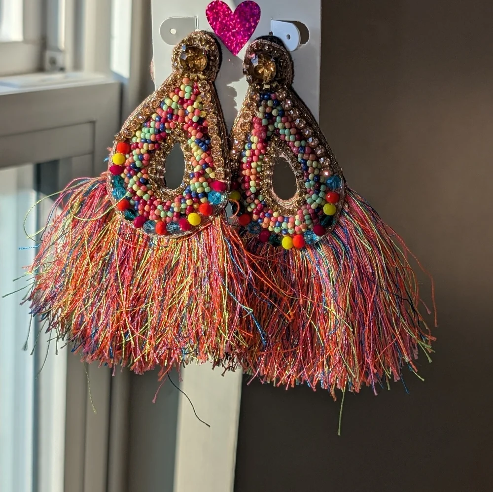 Exotic Multi Color Rhinestone Fringe Earrings - Picture 4 of 6